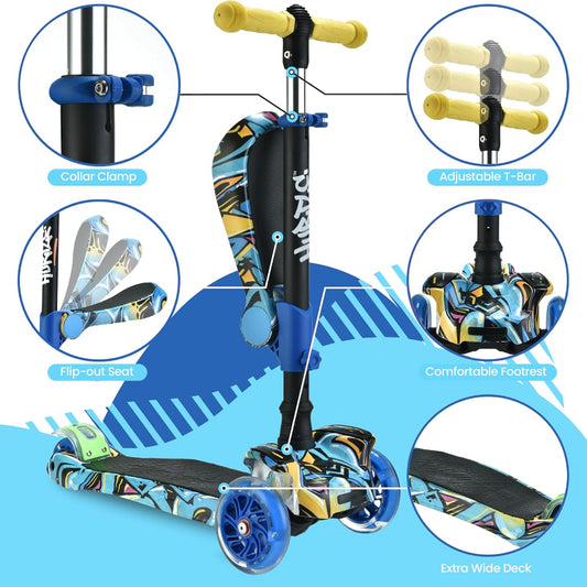 3-Wheel Scooter for Kids with LED Lights - Foldable Seat and Adjustable Handlebar - Ages 1-14