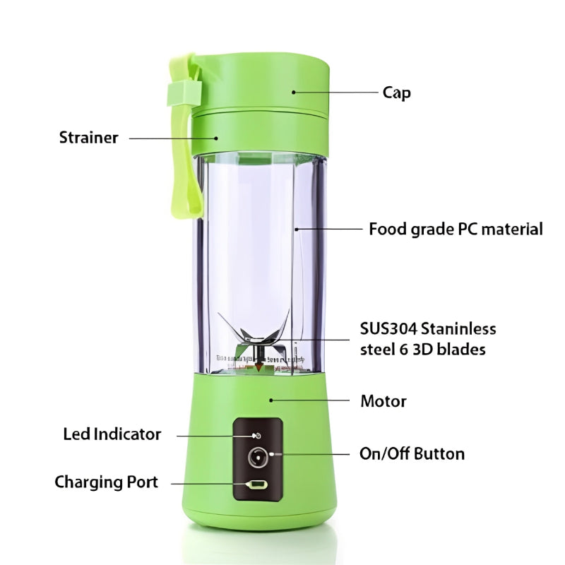 Detalle de 6 cuchillas de acero inoxidable de batidora portátil USB, tritura frutas, verduras y hielo